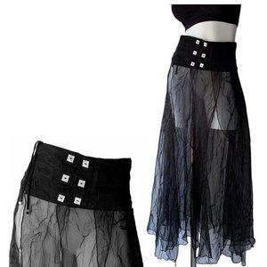 Biche de bere black sheer crinkled paneled skirt with silver details